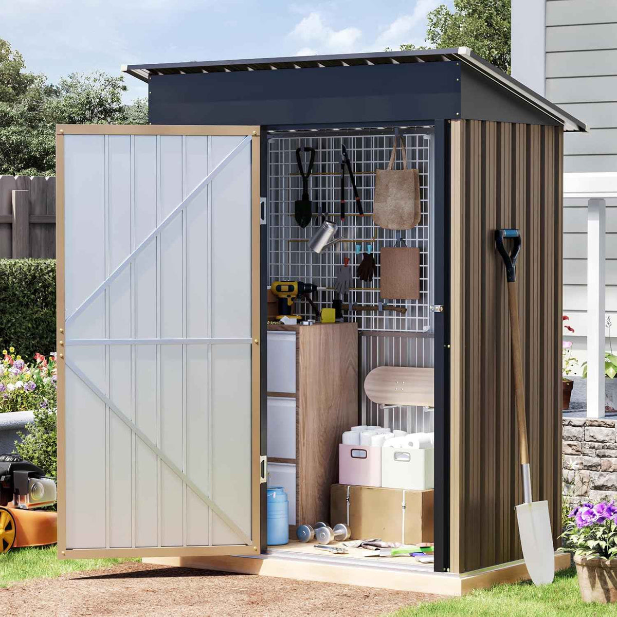 3x5 FT Outdoor Metal Storage Shed, Single Door, 1 Clear Window, Tool Shed for Garden, Patio, Backyard Brown