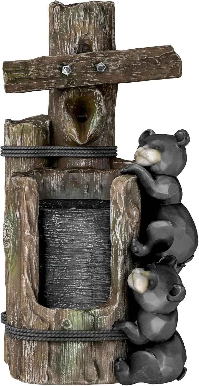 22.8" Outdoor Water Fountain, 3-Tier Resin Bears on Log Waterfall with LED Lights and Adjustable Pump, Rustic Floor Standing Garden Decor for Patio, Porch, Backyard, Brown