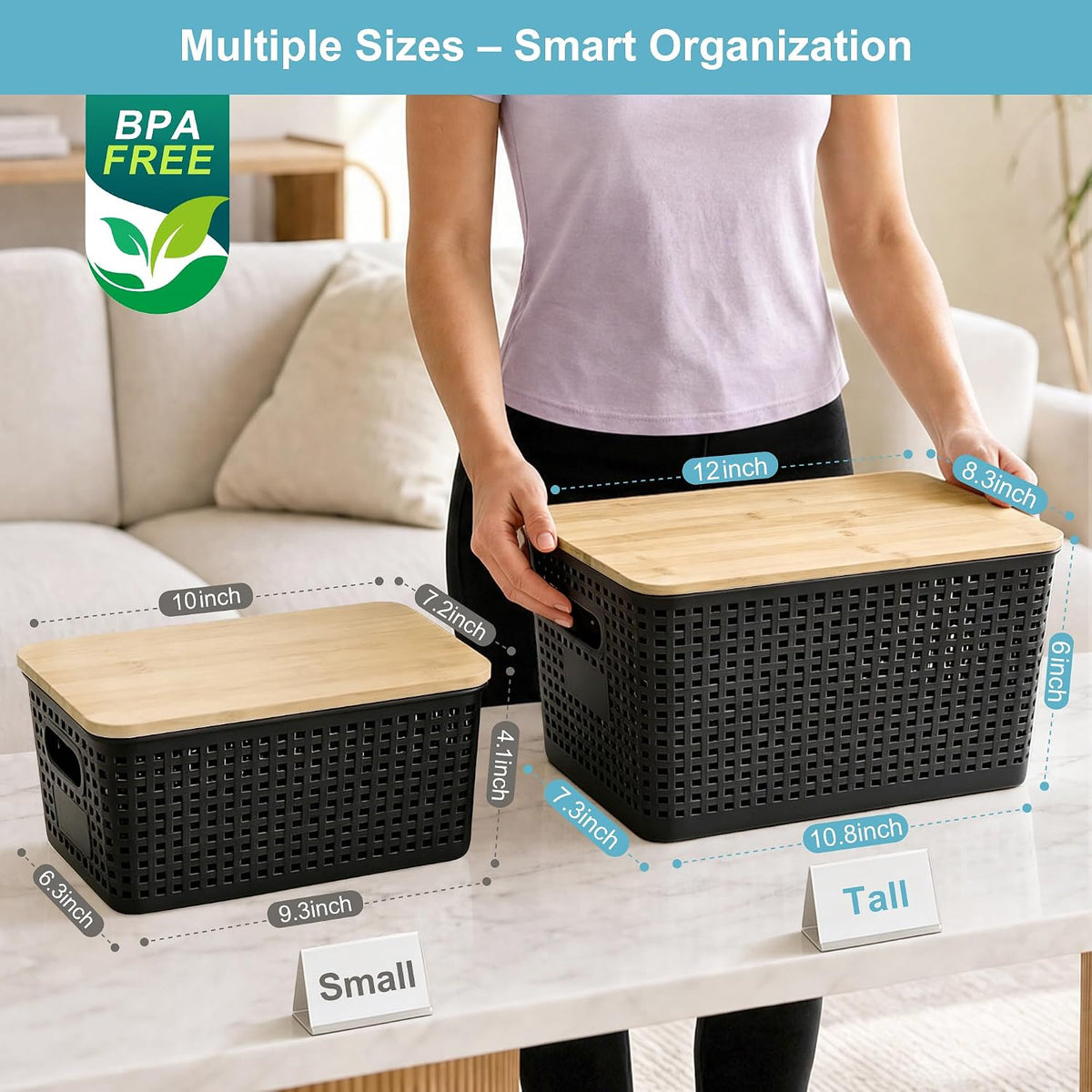 Small Plastic Storage Bins with Bamboo Lids 5.2qt Stackable Box Basket Pantry Decorative Containers Cute with Lable for Organizing Desktop Closet Office Black of 6 packs 10 * 7.2 * 4.1" - Field & Nook
