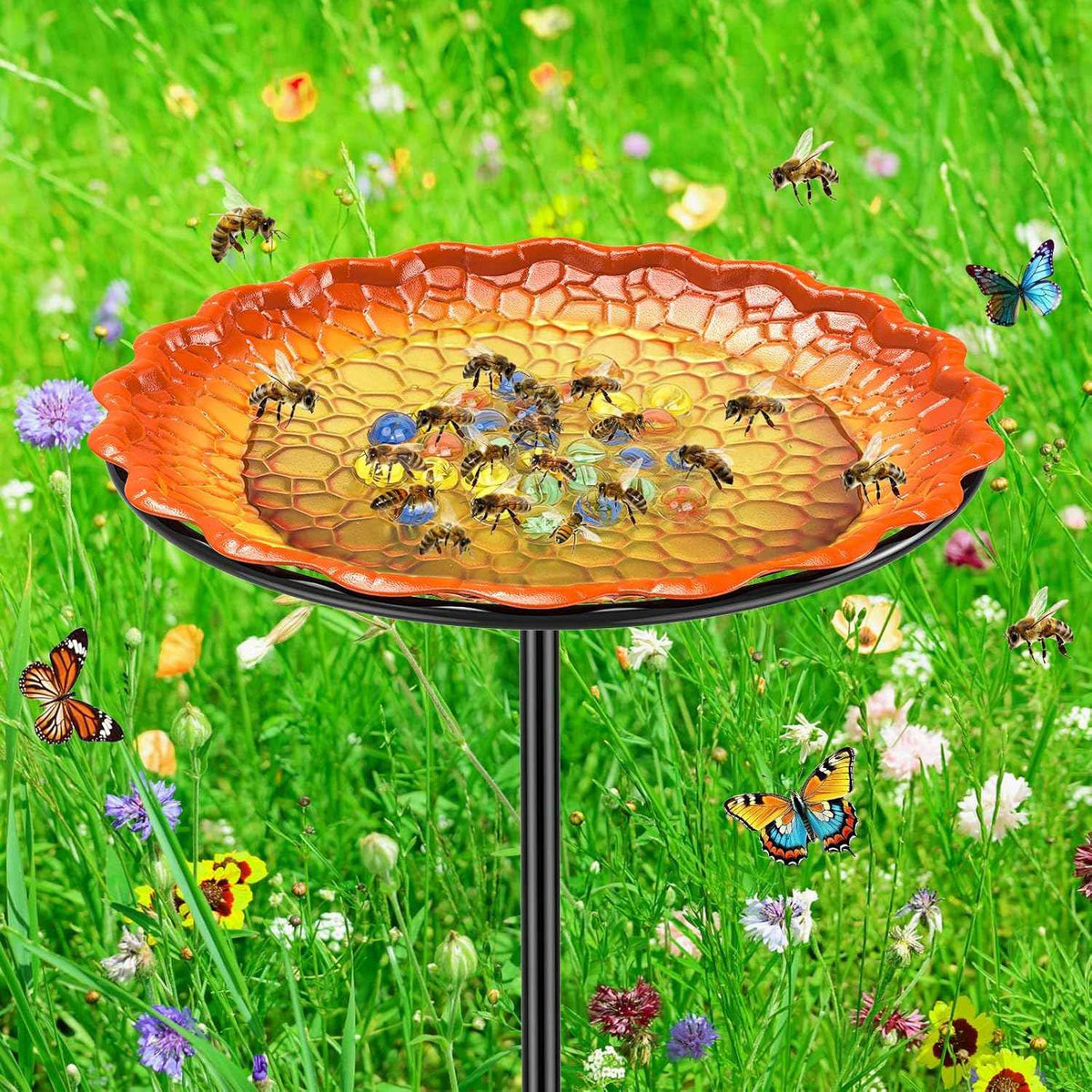 Bee Butterflies Watering Station, Standing Bee Feeder with Glass Marbles for Outside, Bee Bath Feeder with Metal Stakes Butterfly Puddler Garden Yard Déco (Yellow)