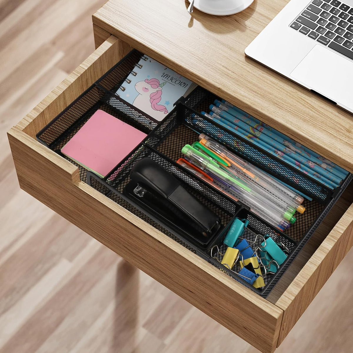 Desk Organizer, Desk Drawer Organizer Tray with Adjustable Dividers, Black Desktop Metal Mesh Office Desk Organizer, Stackable Multifunctional Pen Organizer for Office School Home Makeup Supplies (1) - Field & Nook