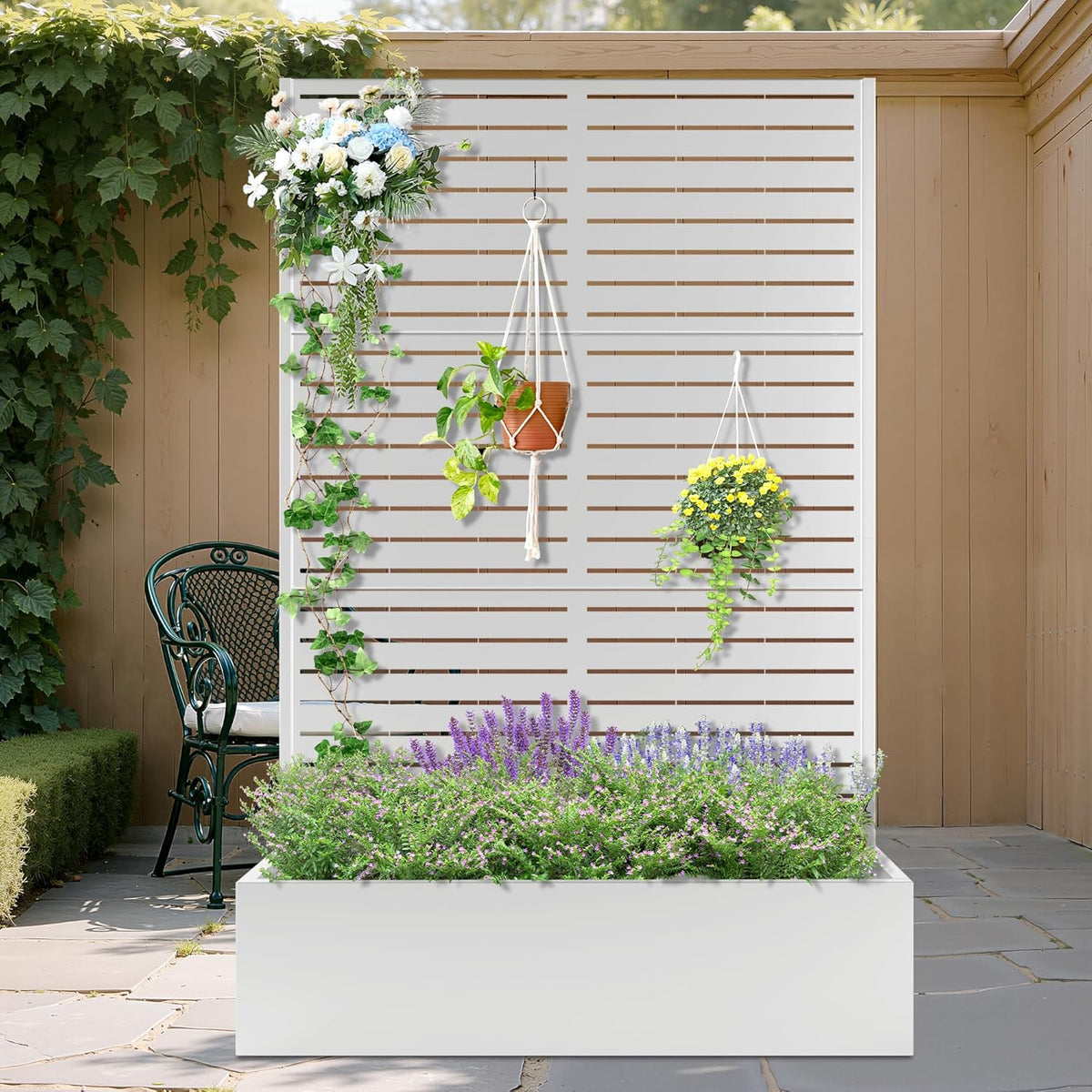 Metal Planter Box with Trellis, Heavy-Duty Raised Garden Bed for Climbing Plants, Drainage Hole, Outdoor Planter Box with Privacy Screenďź47''LĂ16''WĂ71''H