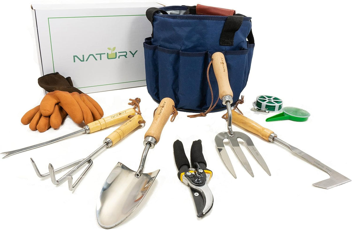 Garden Tools Set β Premium Stainless Steel Gardening Hand Tools with Solid Beechwood Handle β Gardening Kit with Rake, Shovel, Gloves, Shears, Tool Organizer β Garden Gifts for Women and Men