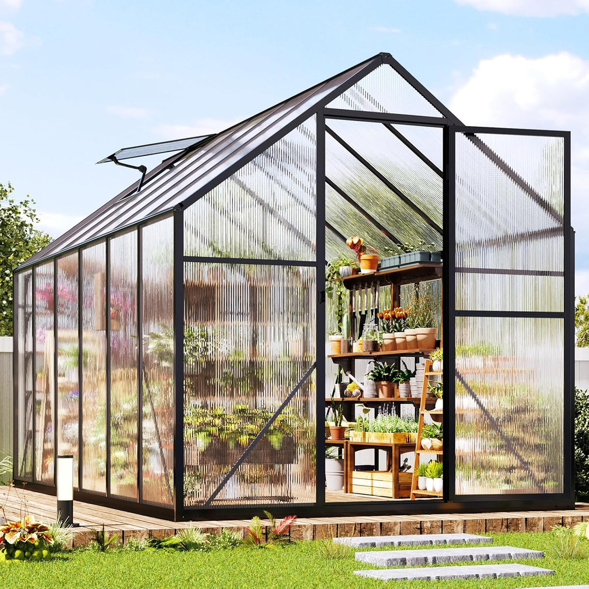 Jocisland 6x12x6.3 FT Polycarbonate Greenhouse for Outdoors with 2 Windows, Dual Swing Doors, Aluminum Walk-in Frame, Heavy Duty Garden Greenhouse for Backyard, Black