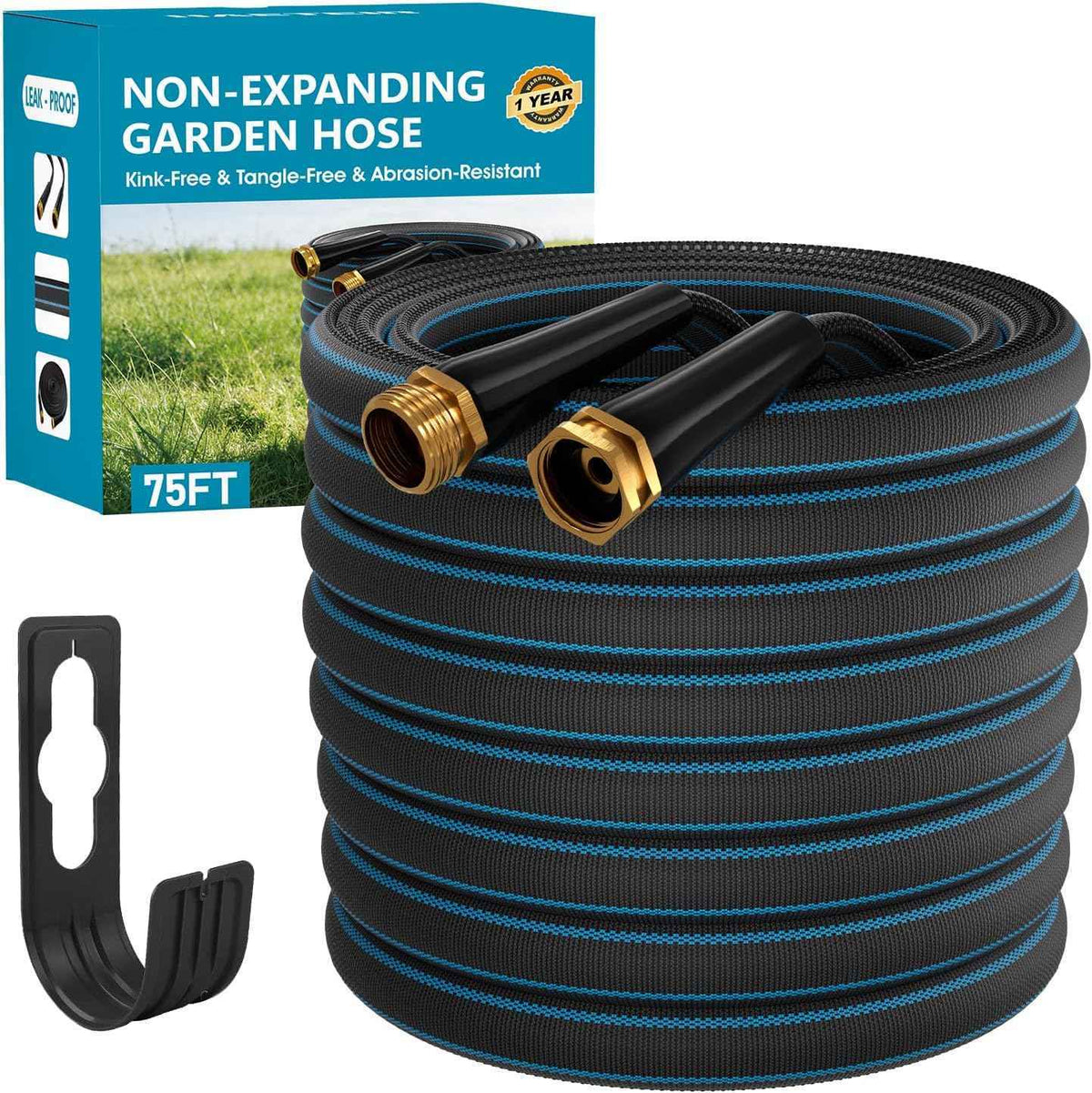 75ft Non-Expanding Garden Hose, Lightweight & Kink-Free, Flexible Heavy Duty Water Hose for Lawn, Yard, Car Washing (3/4" Solid Brass Fittings, Crush-Resistant)