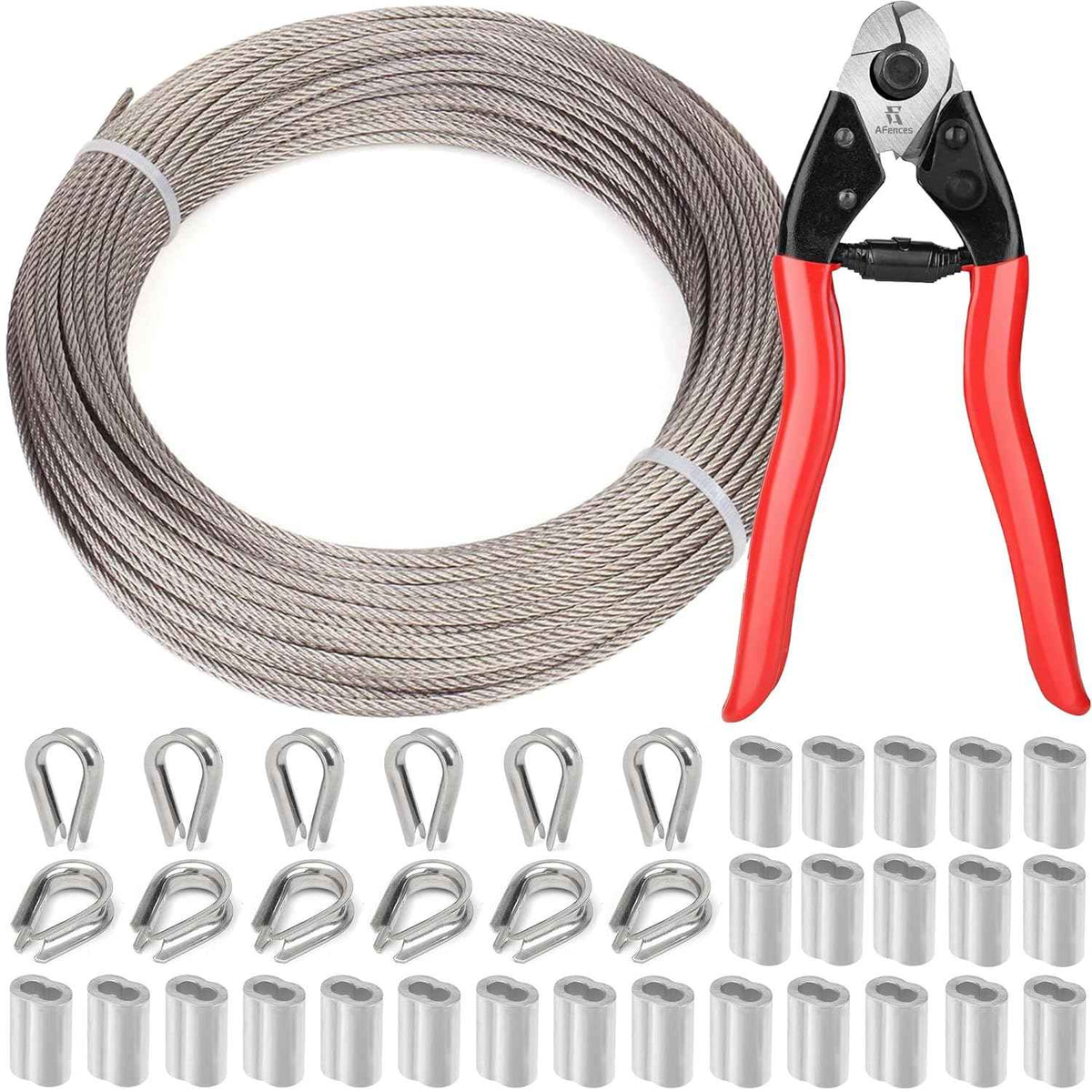 1/8 Inch Stainless Steel Cable 100FT - 7x7 Strand Aircraft Wire Rope with Loop Sleeve & Thimble - Heavy Duty for Deck Railing, String Light Hanging, Garden, Marine, DIY Projects