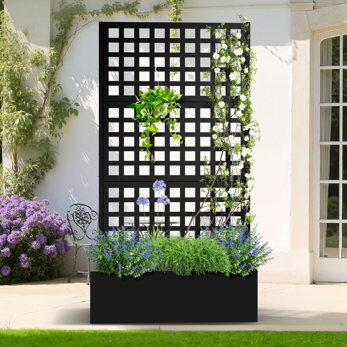 Metal Planter Box with Trellis, Heavy-Duty Raised Garden Bed for Climbing Plants, Drainage Hole, Outdoor Planter Box with Privacy Screenďź35''LĂ16''WĂ71''H