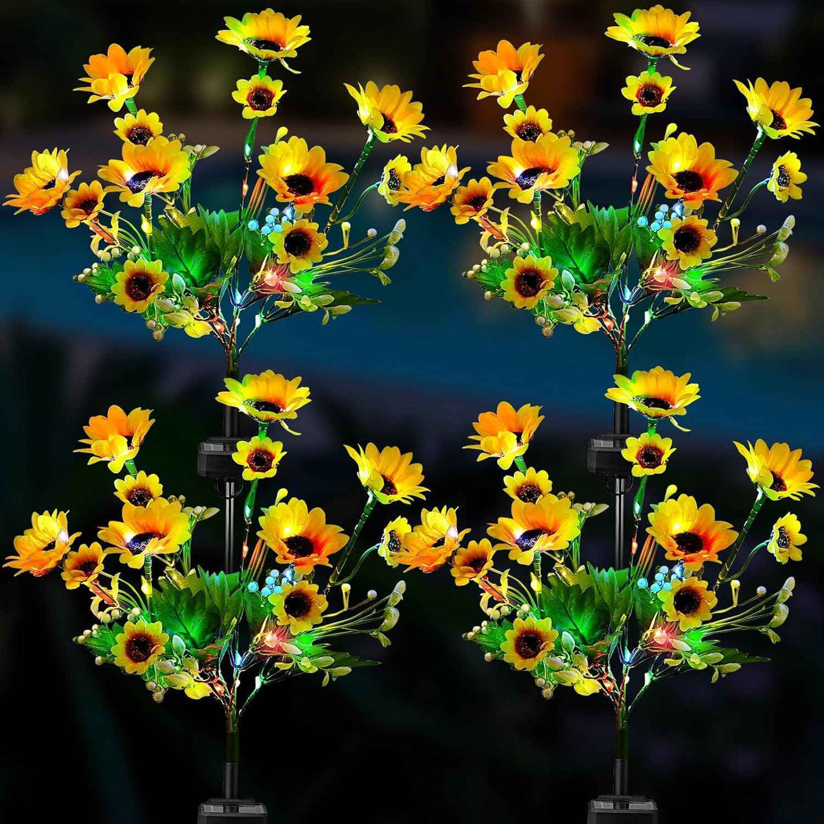 TANSOREN 4 Pack Solar Garden Lights Outdoor, Colorful LED Waterproof Solar Powered Sunflowers Landscape Lights for Outside Yard, Patio, Pathway Decorative, Décor, Gifts, Two Lighting Modes
