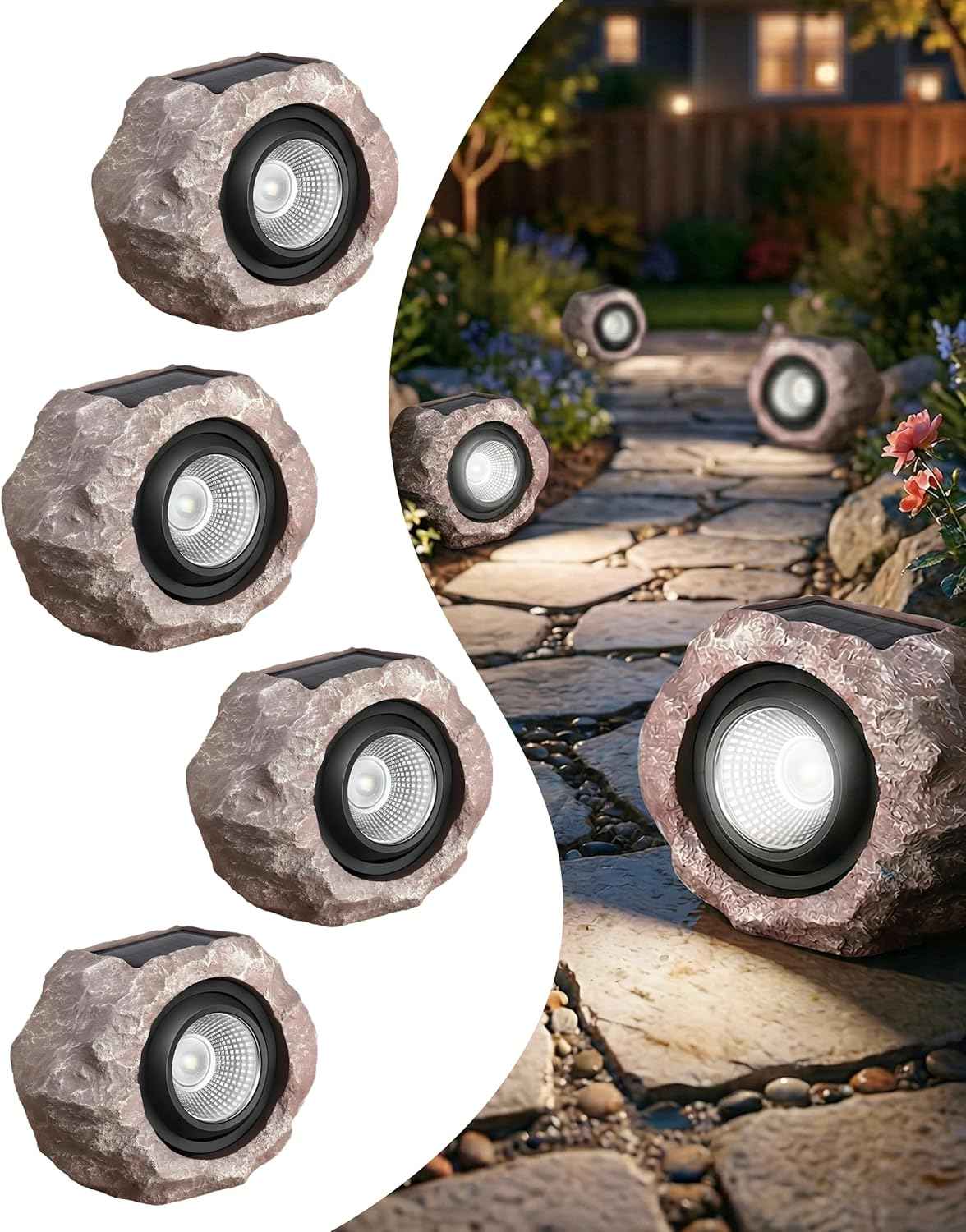 4 Pack Solar Rock Lights Outdoor, Angle Adjustable Solar Lights Outdoor Waterproof, LED Solar Garden Lights, Auto On/Off Landscape Lighting for Yard Pathway Patio Flower Bed - White Glow (Stone Brown)