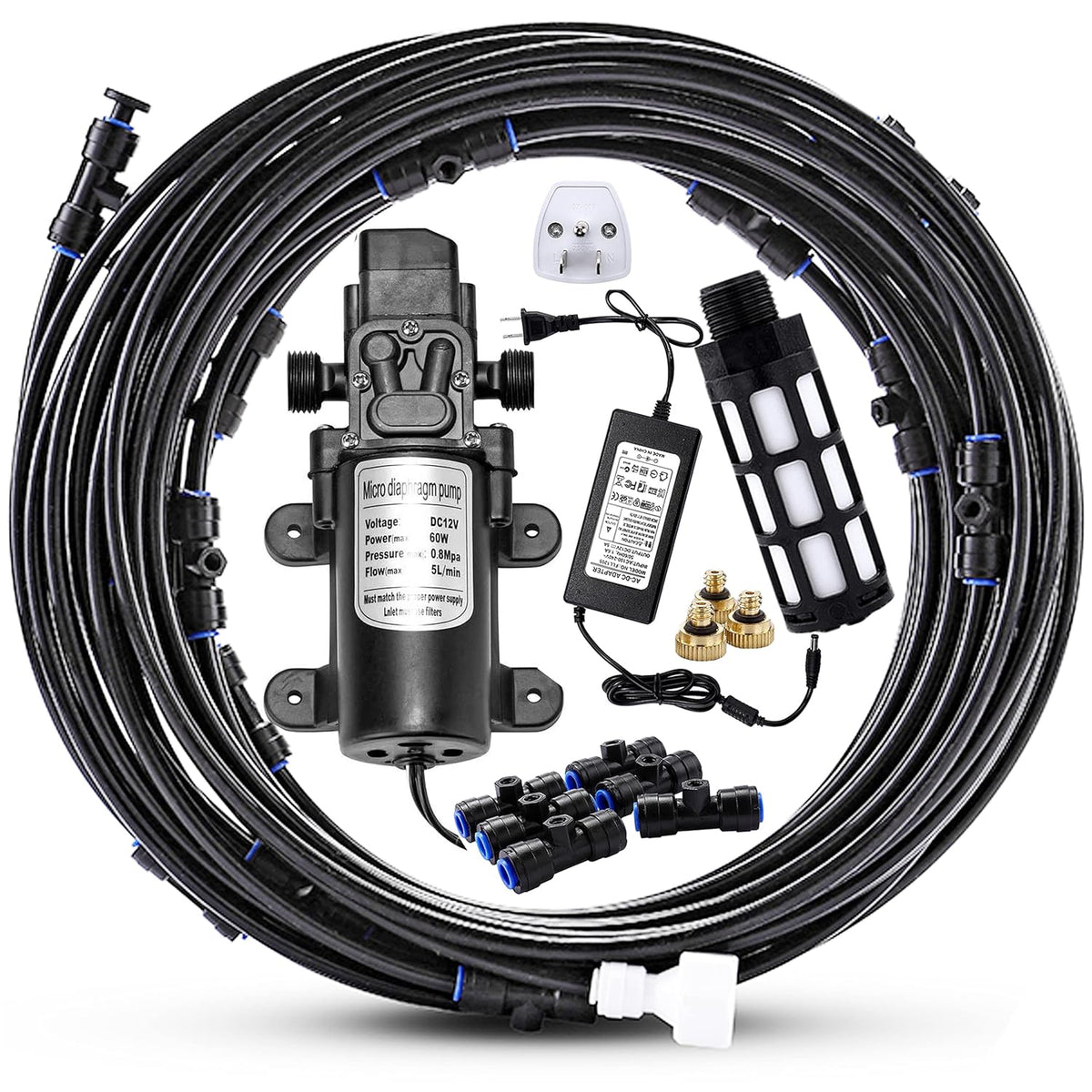 Mornajina Outdoor Misting Cooling System with Pump Kit, 49.2FT(15M) Misting Line with Filter, 20 Brass Mist Nozzles, 1 Brass Adapter (3/4"), 12V DC 60W 5L/Min, Self Priming Sprayer Water Pump