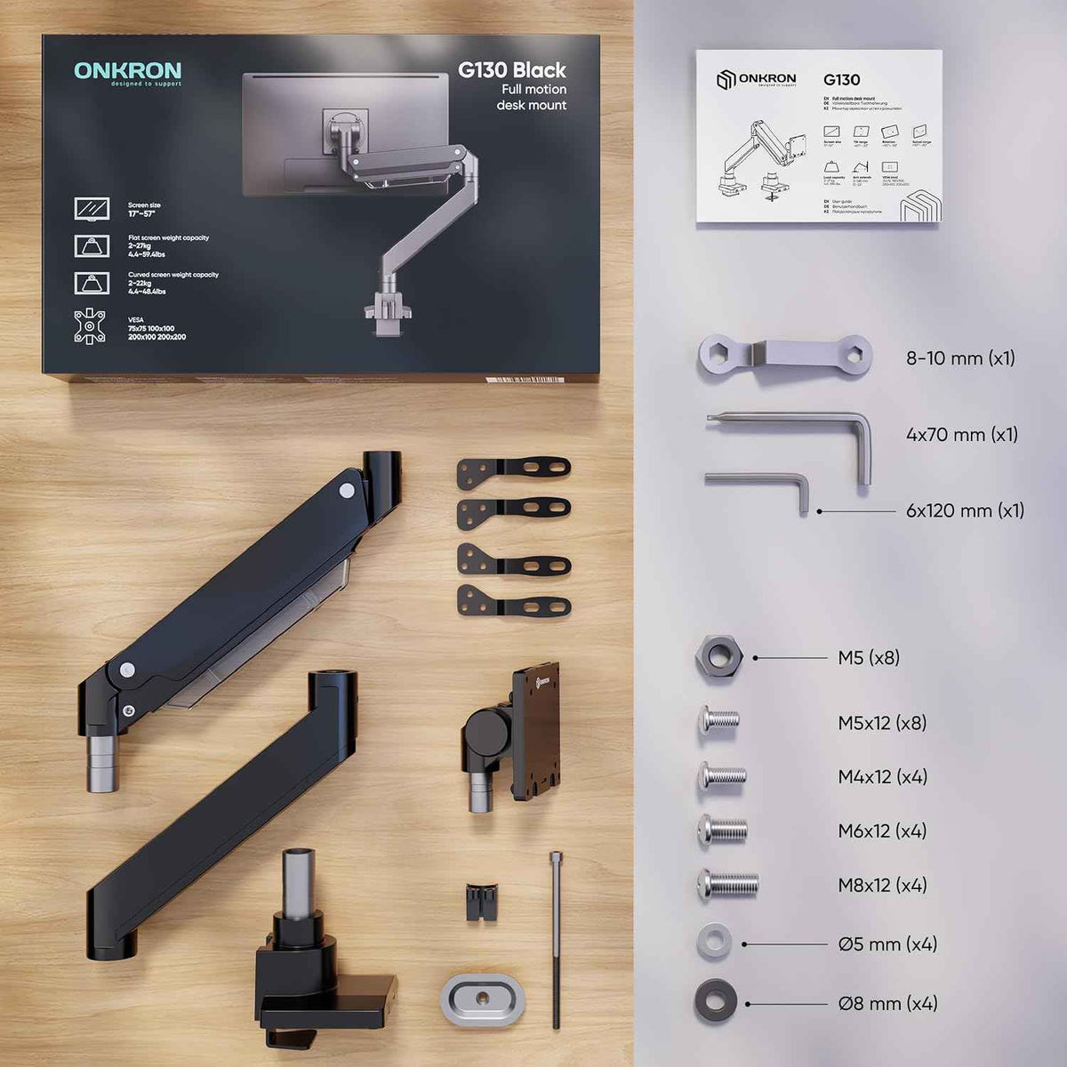 ONKRON Heavy Duty Monitor Arm for 17-57 Inch Screens up to 59.4 lbs, Ultrawide Screen Mount with Adjustable Gas Spring, VESA 75x75-200x200, Single Arm Monitor Mount for Desk, Clamp & Grommet Black | Ultrawide monitor mount with 23" extension, gas sprin...