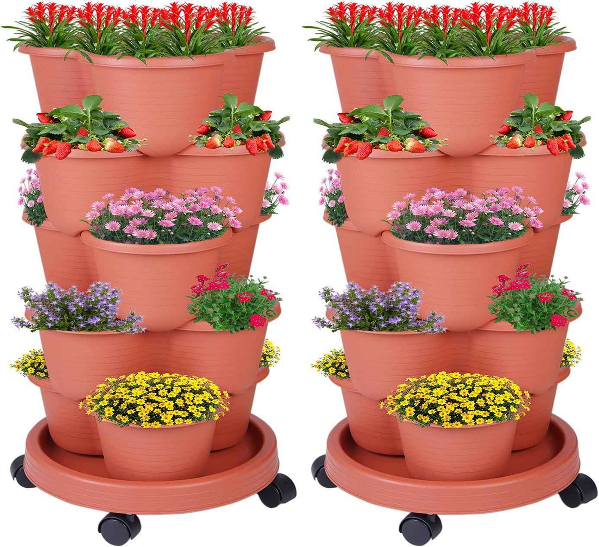 5-Tier Vertical Garden Tower Stackable Planter for Strawberries, Flowers, Vegetables & Herbs 2-Pack