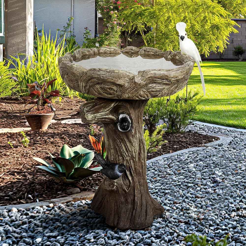 23" H Concrete Birdbath for Outdoor Garden with a Fake Bird Decor - Freestanding Trunk Like Bird Bath for Outside Garden Patio or Yard Decor