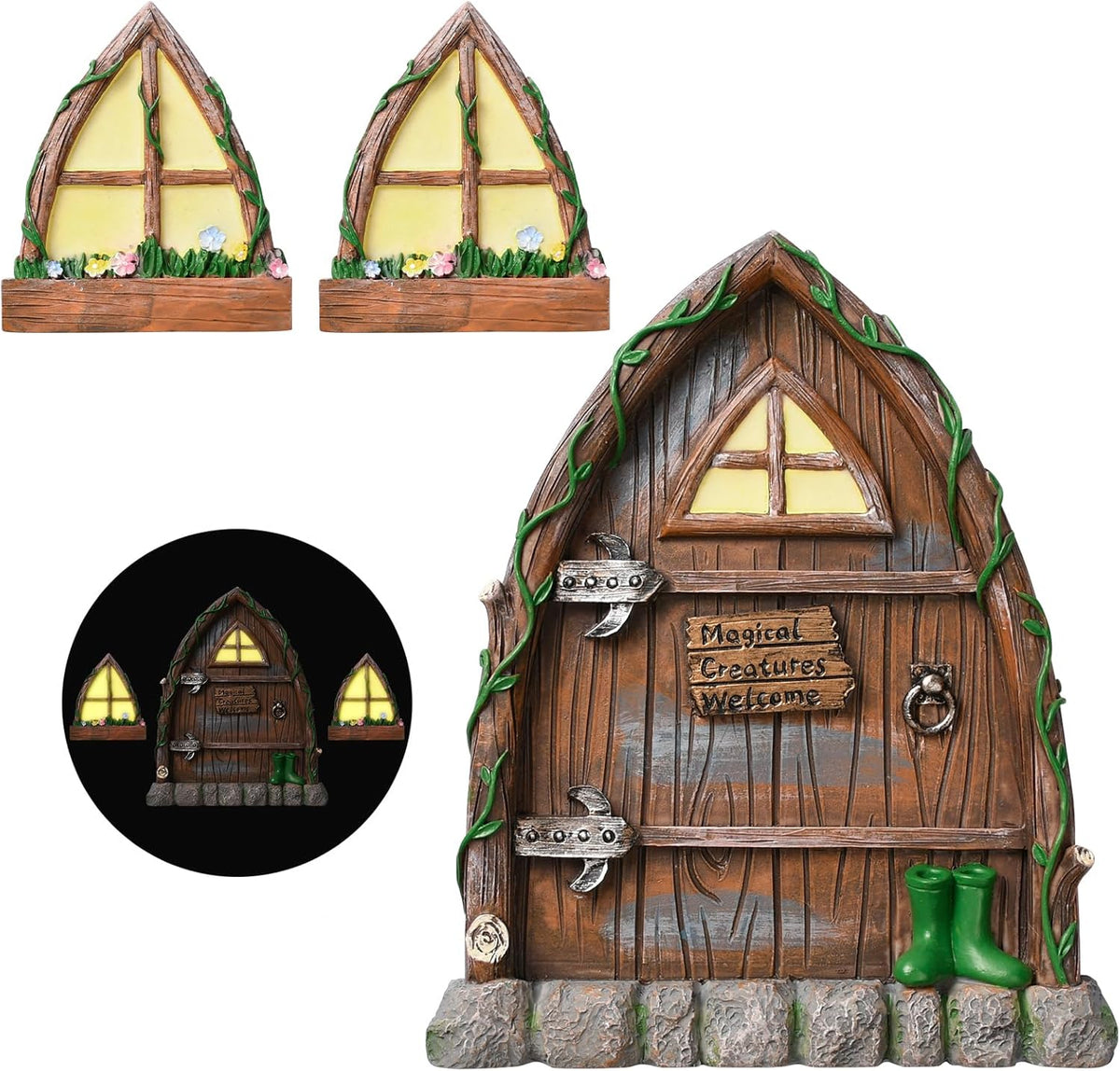 Resin Fairy Door and Window for Trees,Glow in The Dark,Miniature Fairy Garden Accessories,Garden Outdoor Decor for Trees,Gnomes House,Elf House