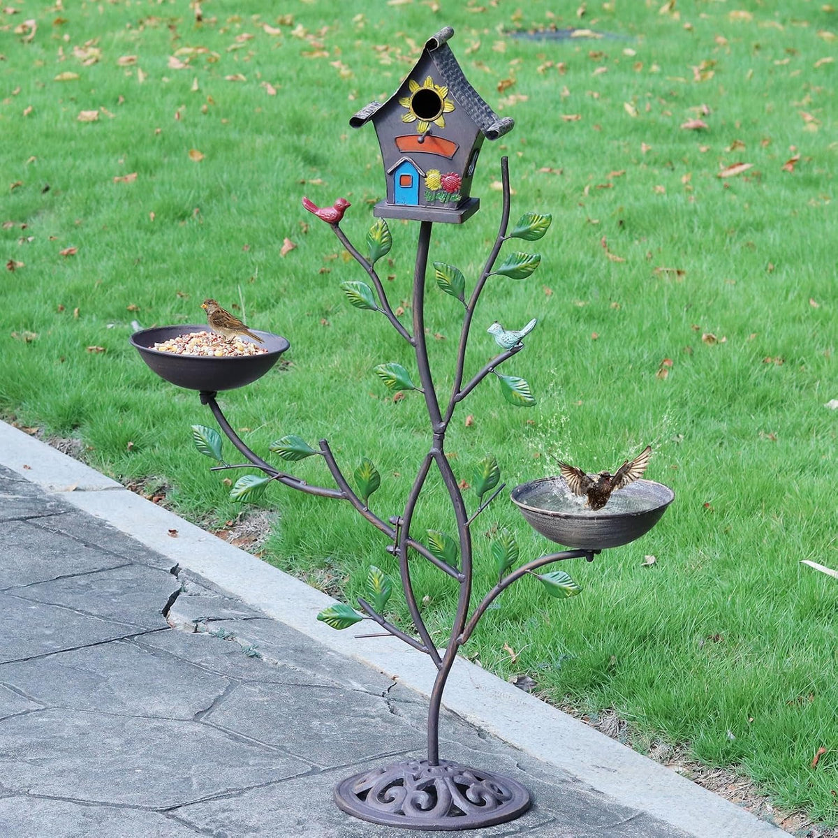 36.8" H Bird Houses for Outside, Metal Bird Bath,Birdhouses for Outdoors | 3-IN-1,Freestanding with Cast Iron Base Bird Feeder, Outdoor Garden & Courtyard Decoration