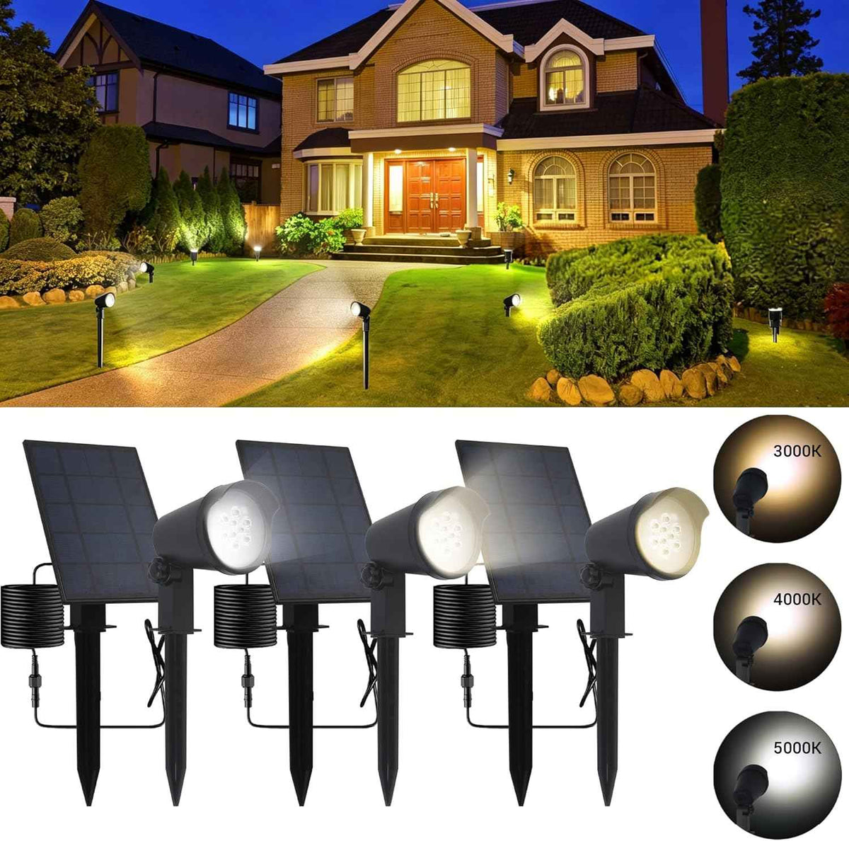 Solar Spot Light Landscape Lighting - 3 Pack of Outdoor Landscaping Light, 500 Lumen Garden or Accent Lighting for House or Trees, Dual Beam Angle, and 3 Light Colors,10ft Cable and Remote Solar Panel