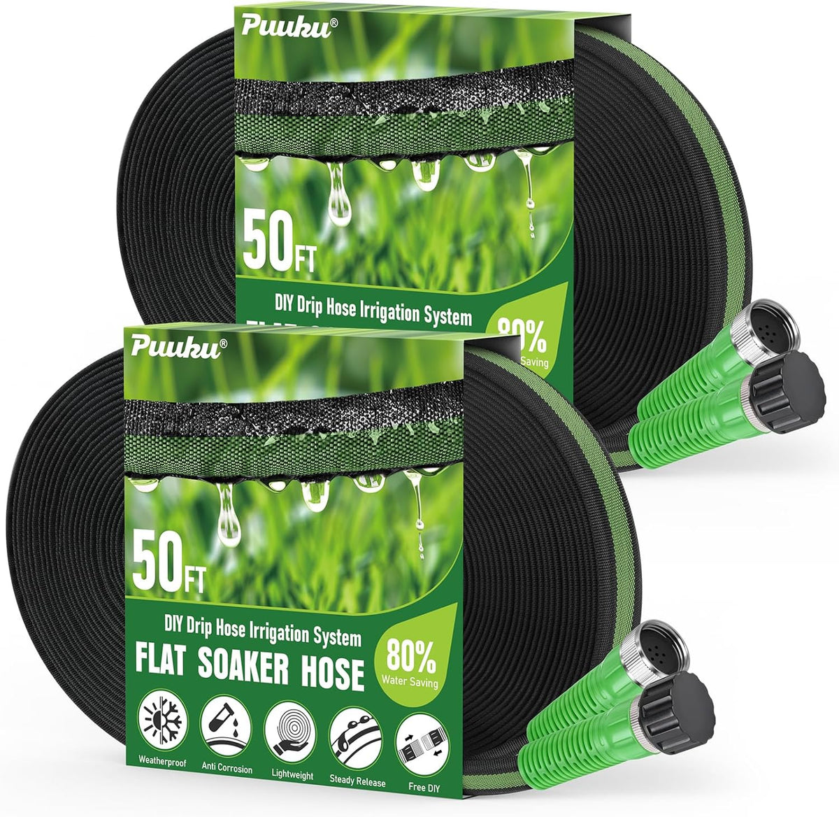 Flat Soaker Hose 100FT for Garden and Lawns, 80% Water-Saving Drip Irrigation Hose with Anodized Aluminum Ends, Flexible Leakproof Double Layer Gardening Hoses(50FT X 2Pack) 