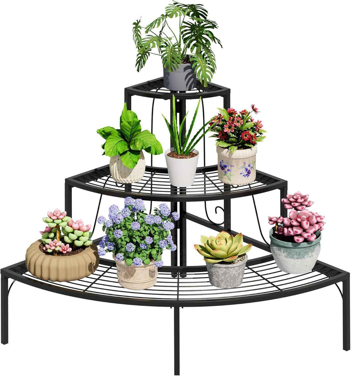 Plant Pot Stand Shelf, 3 Tier Flower Quarter Display Rack, Metal Succulent Plants Storage Holder for Outdoor and Indoor, Black