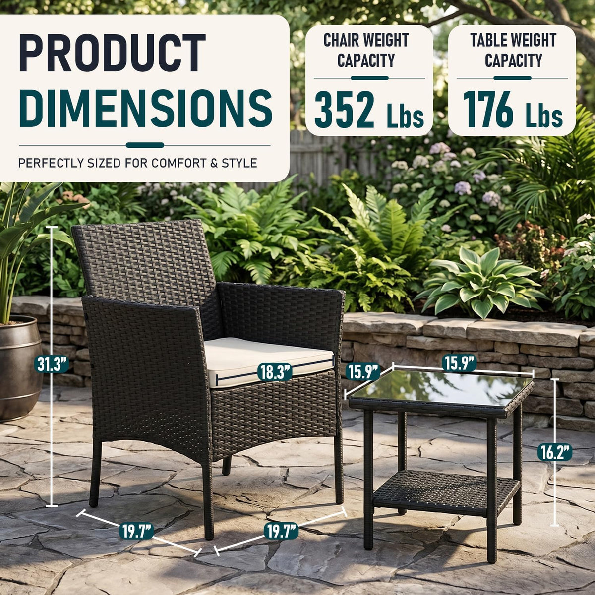 FDW 3-Piece Patio Furniture Set | Black & Beige | Outdoor Wicker