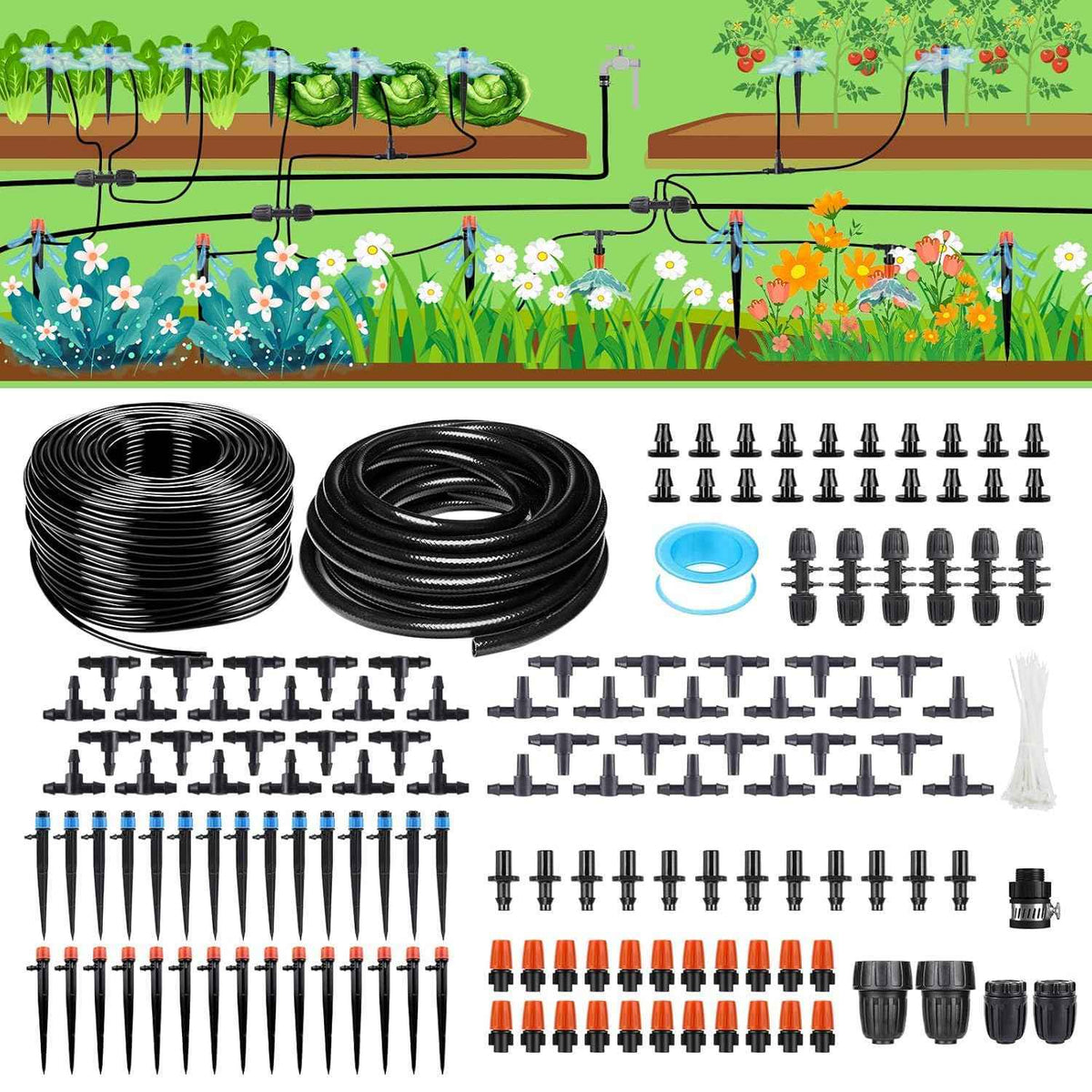 256FT Automatic Drip Irrigation System Kit,Automatic Garden Watering Misting System for Greenhouse, Yard, Plant ,Lawn with 1/2 inch Hose 1/4 inch Distribution Tubing and Accessories