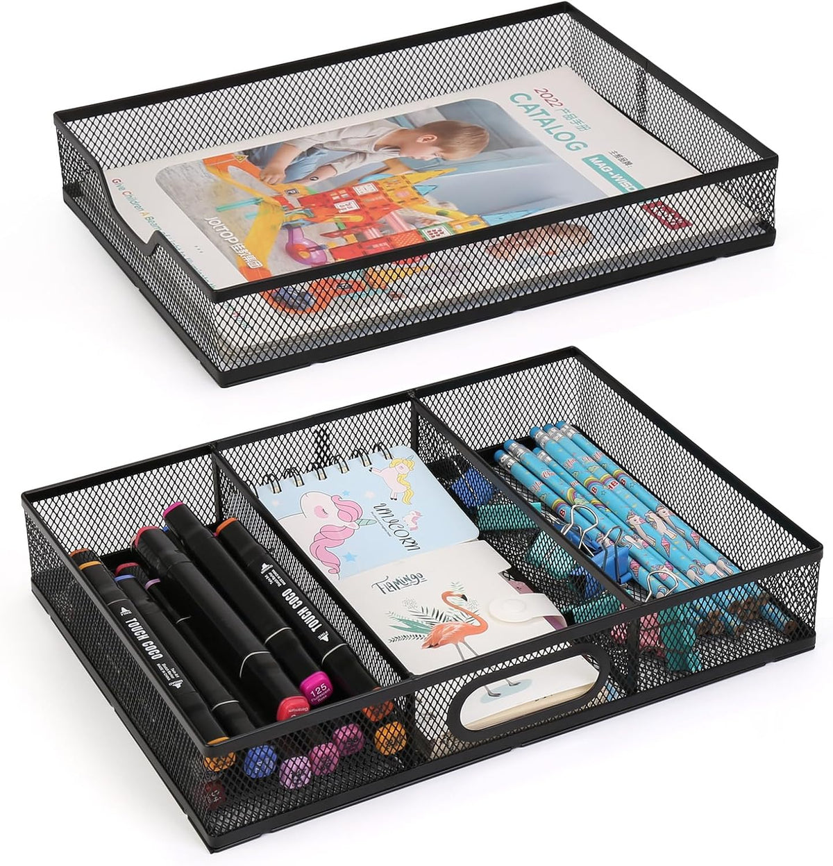 Office Drawer Organizer, 2 Pack Metal Mesh Desk Draw Divider, Versatile Desktop Organizer Tray to Keep Supplies Tidy and Easy to Access, Stackable A4 Paper Holder Tray - Field & Nook