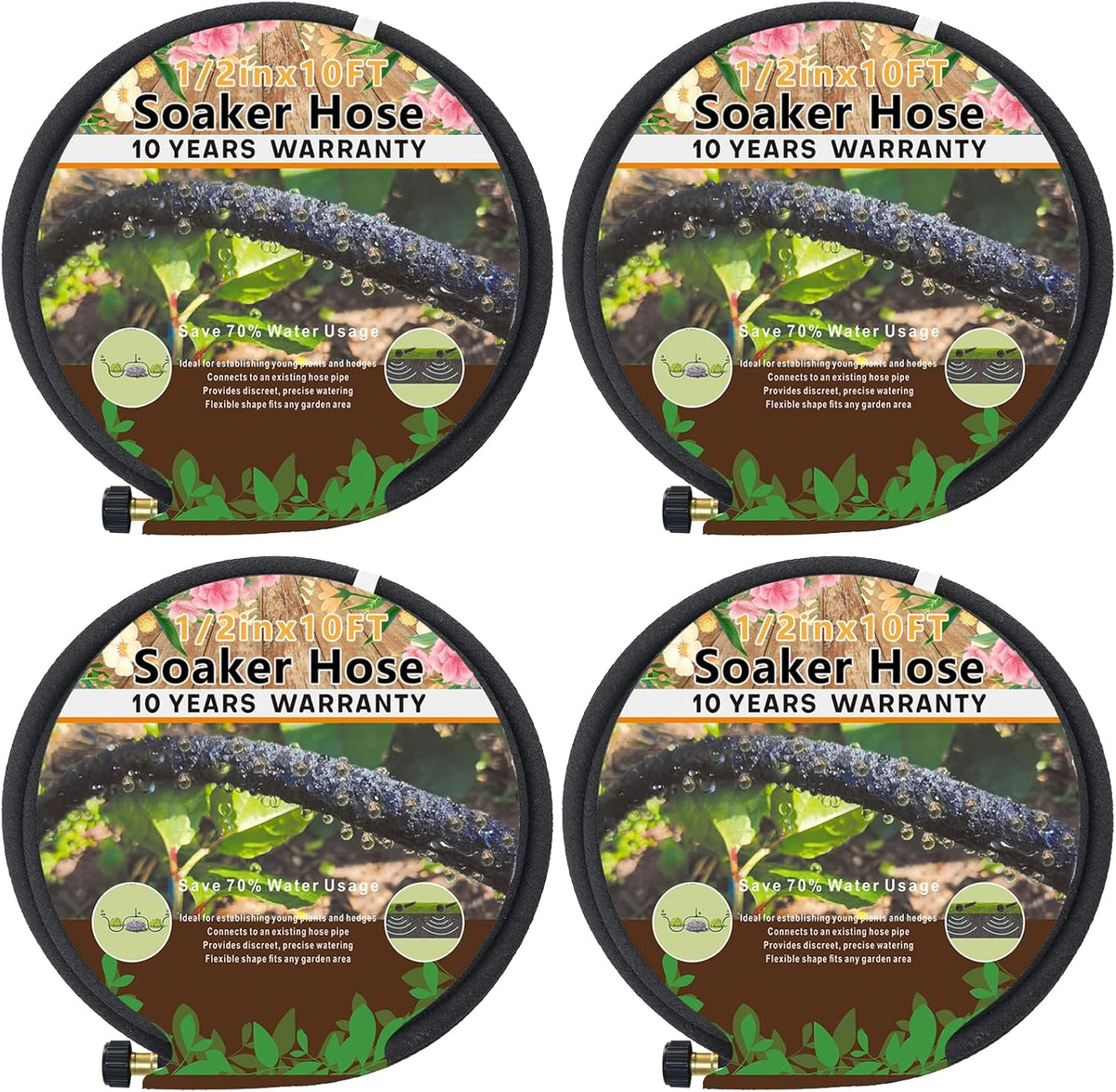 4-Pack Soaker Hose for Garden 10 Ft, Short Soaker Hoses 40 Ft, Rubber Garden Hose for Watering, Heavy Duty Drip Irrigation Hoses System (10 feet 4-Pack)