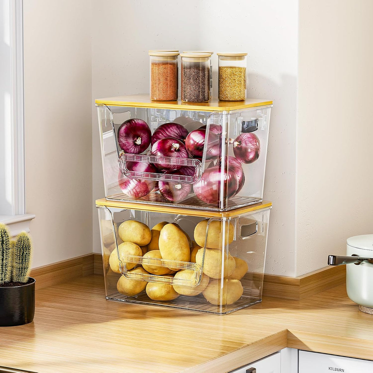 Delamu 4 Pack Pantry Organizers and Storage,Trash Bag Dispenser with Bamboo Top,Stackable Trash Bag Dispenser Under Sink Organizer for 4-30 GalBags,Onion,Potato,Fruits,Clear - Field & Nook
