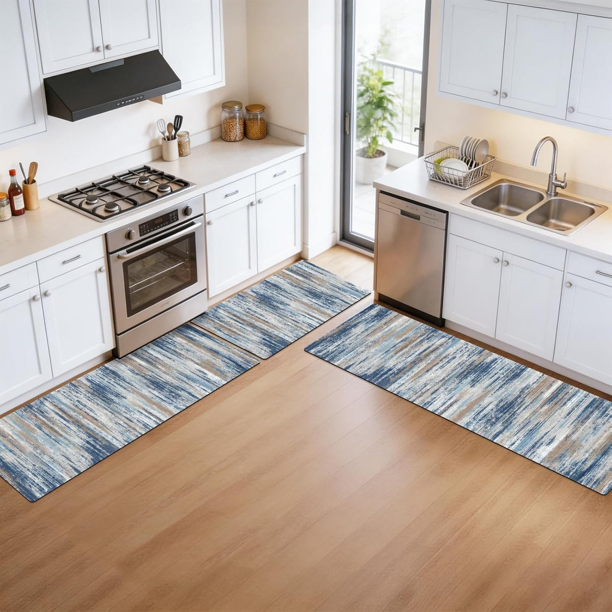 XLHOMO Kitchen Rugs Sets of 3, Non Slip Washable Kitchen Mats for Floor, Cushioned Anti-Fatigue Comfort Kitchen Mat, Rubber Backing Abstract Kitchen Floor Mat for Laundry, Desk, Sink, Office