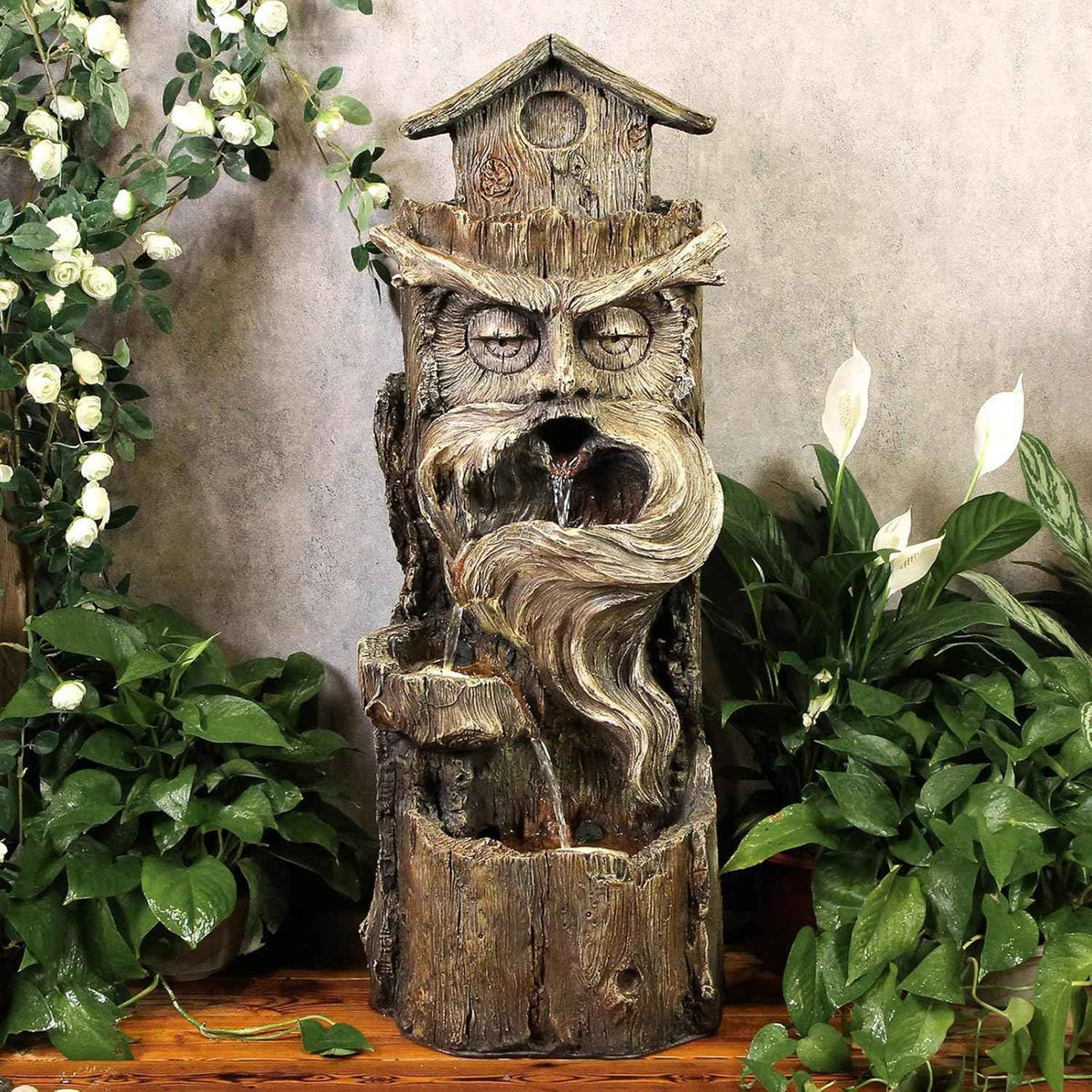 YZM Outdoor Floor Cascading Waterfall Tree Trunk Water Fountains Patio Porch Backyard Garden Fountain with LED Lights Pump 3 Tiers Water Feature 33.46 Inch Height