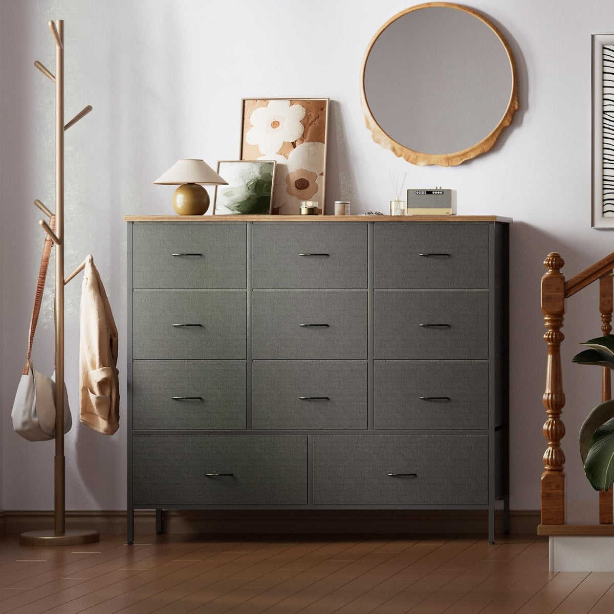 11-Drawer Wide Dresser with Wood Top – Fabric Storage Chest for Bedroom, Closet & Entryway (Black)