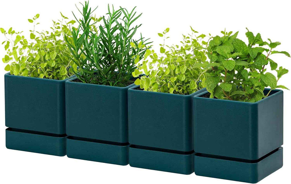 4 Inch Herb Planter Pot, Plastic Planter with Drainage Holes and Saucer, Modern Decorative Gardening Pot for Indoor Plants, Flowers, Herbs, Succulents, Green, Set of 4, 76-Y-C-4