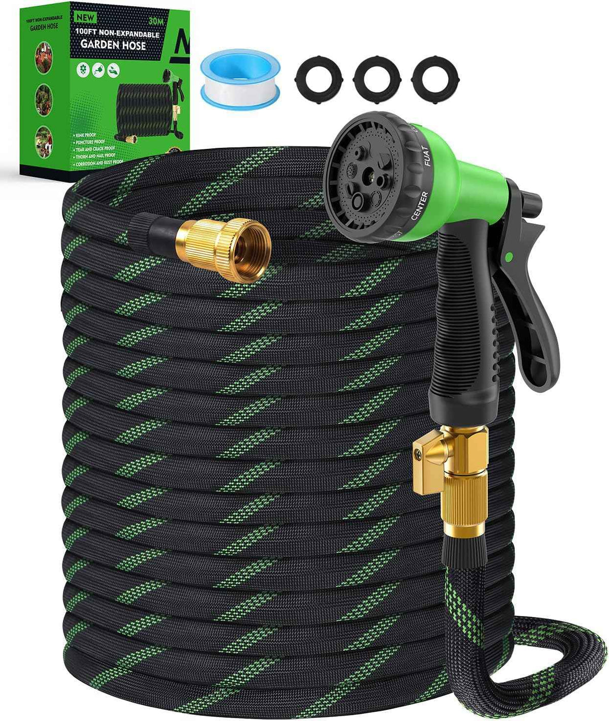 100ft Garden Hose, Non-Expandable Water Hose with 8 Function Spray Nozzle, Lightweight, Knik-Free, Burst-Resistant, Durable & Flexible 3/4" Garden Hose for Lawn, House Cleaning, Car Washing