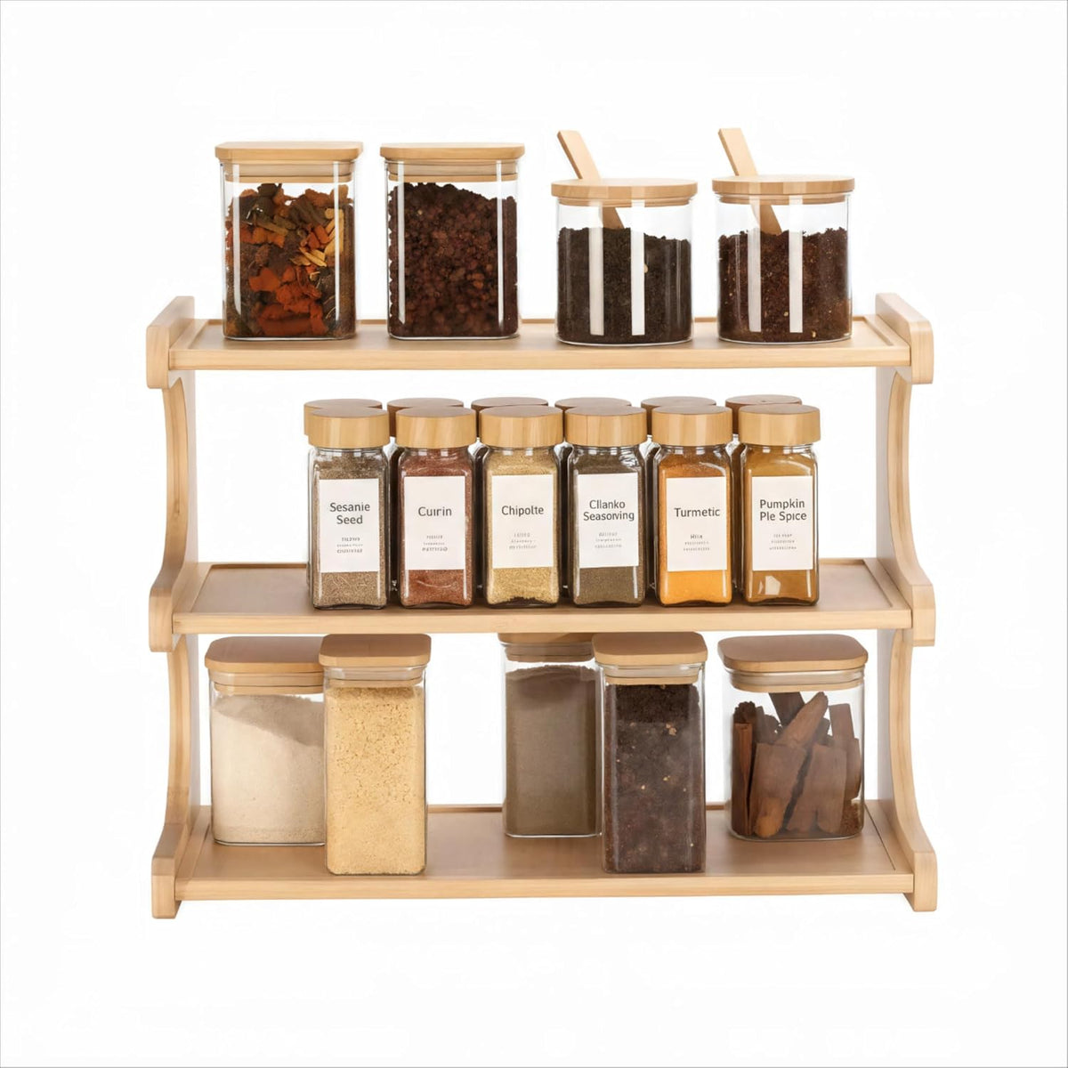 Spice Rack, 3-Tier Bamboo Spice Rack Organizer for Countertops - Kitchen, Pantry and Cupboard Storage Organizer - Field & Nook