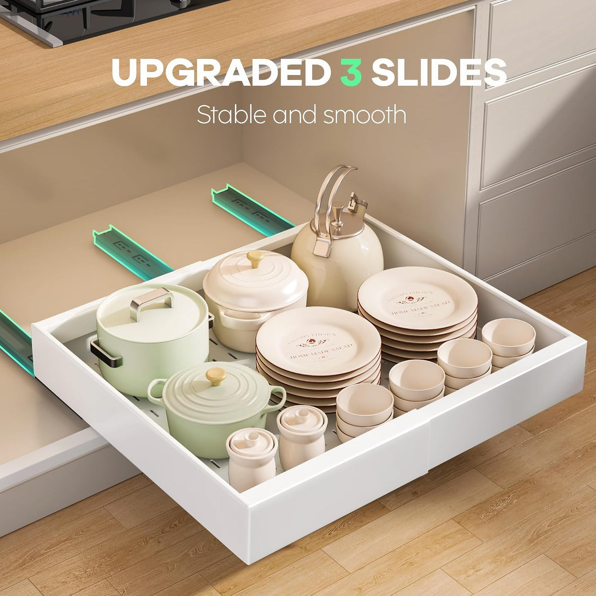 Seinloes 2Pack Pull out Cabinet Organizer 21"Deep with 4 Adjustable Dividers,Expandable(12.1"-20.4"W) Pots and Pans Organizer Under Cabinet with Raising Pad for Framed Cabinets,Slide out Drawers,White - Field & Nook