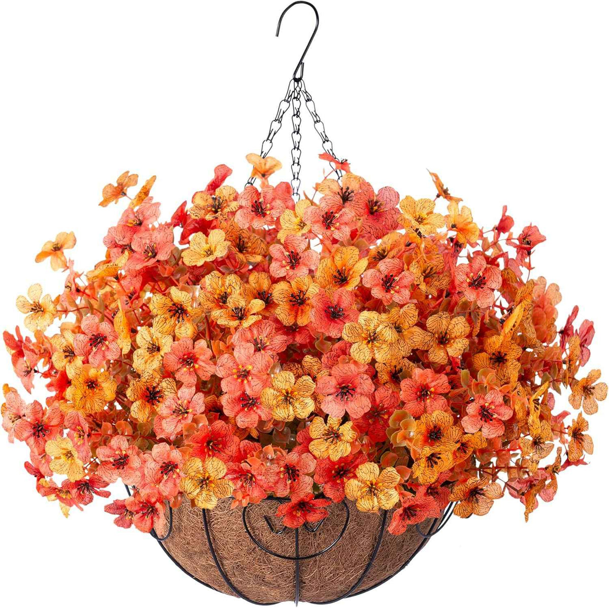 Artificial Flowers with Hanging Basket Planter for Home Decoration, Daisy with Eucalyptus Leaves Outdoor Indoor Garden Yard, Metal Coconut Lining Basket with Faux Plant (Fall-OrangeYellow)