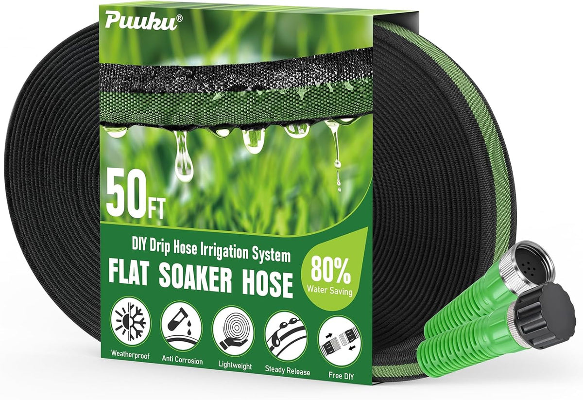 Flat Soaker Hose 50FT for Garden and Lawns, 80% Water-Saving Drip Irrigation Hose with Anodized Aluminum Ends, Flexible Leakproof Double Layer Gardening Hoses 