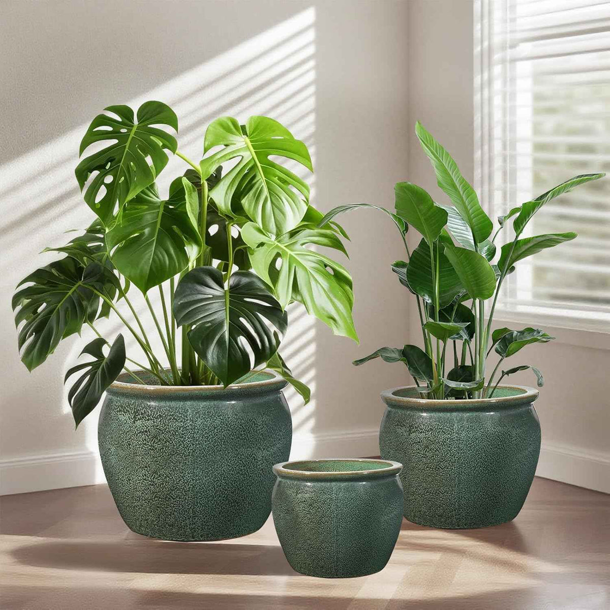 Ceramic Plant Pots Set of 3,9+11.6+14.6 Inch Flower Planters with Drainage Holes Indoor Outdoor, 19.8/8.7/3.8 Qt Capacity, Green Speckled Glaze
