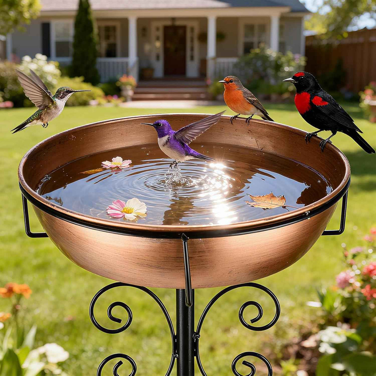 3" Deep Metal Bird Bath for Outdoors, 43" Tall Vintage Standing Design with 12" Dia Removable Water Bowl and Stable Stake, Perfect Garden Yard Lawn Decor 1.4 Gallon