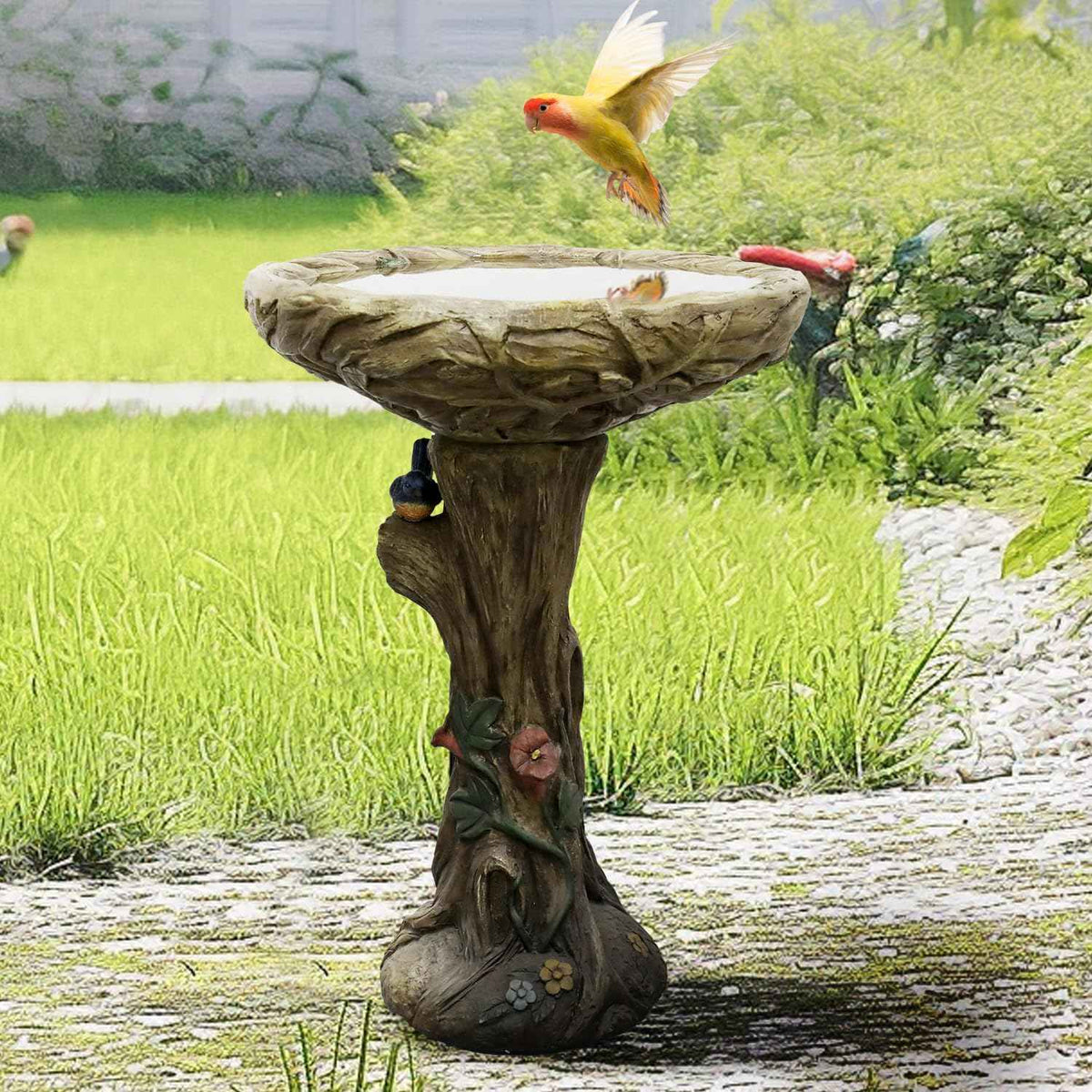 SKYFIRE 25.5” H Concrete Birdbaths for Outdoors -Large Woodland Tree Trunk Yard Statue Decoration,Vintage Birdbath with Bird Figurines Yard Statue for Garden, Patio, Lawn, Backyard
