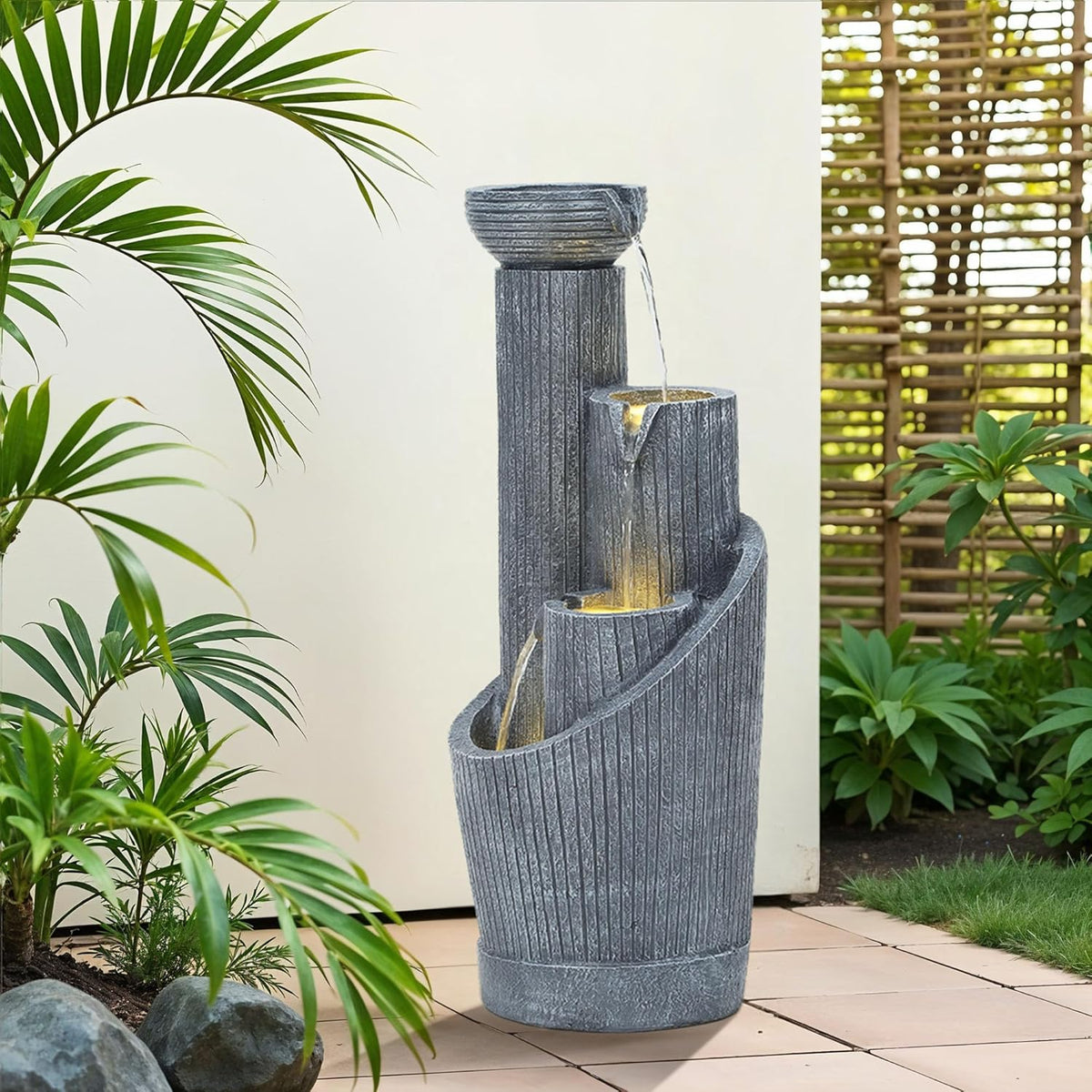 31" Modern Outdoor Water Fountain with LED Lights, 5-Tier Twist Pedestal Bowl Garden Fountain, Cascading Waterfall for Relaxing Garden, Patio, Backyard, Deck, Porch or Home Decor