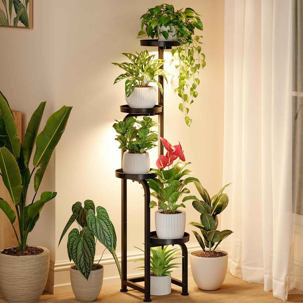 Bamworld Plant Stand with Grow Light, Corner Metal Flower Pot Stands for Multiple Plants, 4 Tier Heavy Duty Plant Shelf for Patio Garden Balcony Living Room Bedroom(Patent Design)