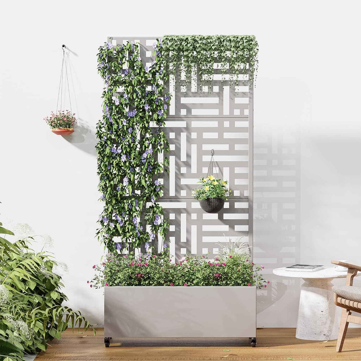 Casaphoria Metal Raised Garden Bed with Trellis and Wheels, 72"x35"x16" Planter Box for Climbing Plants, Vegetables & Vines, Features Drainage Holes and Privacy Screen (Grey-Helen)