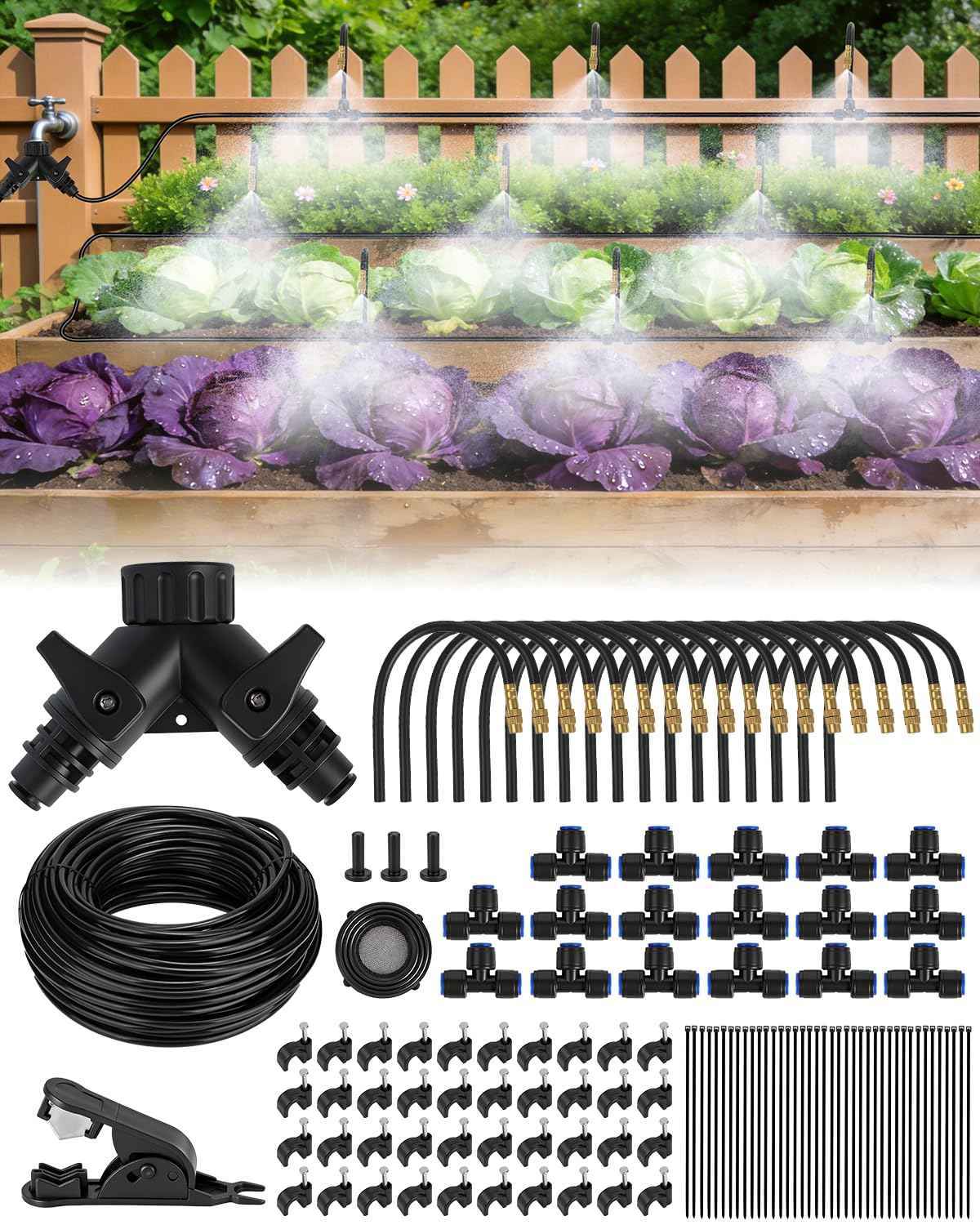 120FT Drip Irrigation System for Garden with 18 Nozzles –360° Adjustable Misting Nozzles, Quick-Connect Design, Ideal for Raised Beds, Lawns, Greenhouses & Outdoor Cooling