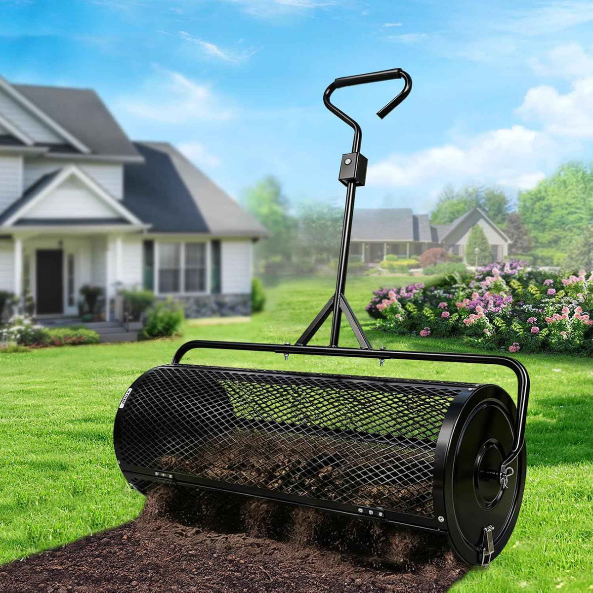 Compost Spreader 44 Inch Push/Tow Peat Moss Spreader with Installation Support, Powder-Coated Metal Mesh Roller Spreader for Manure , Lawn Care, Garden Spreading, Top Dressing & Mulch - Soil Spreader