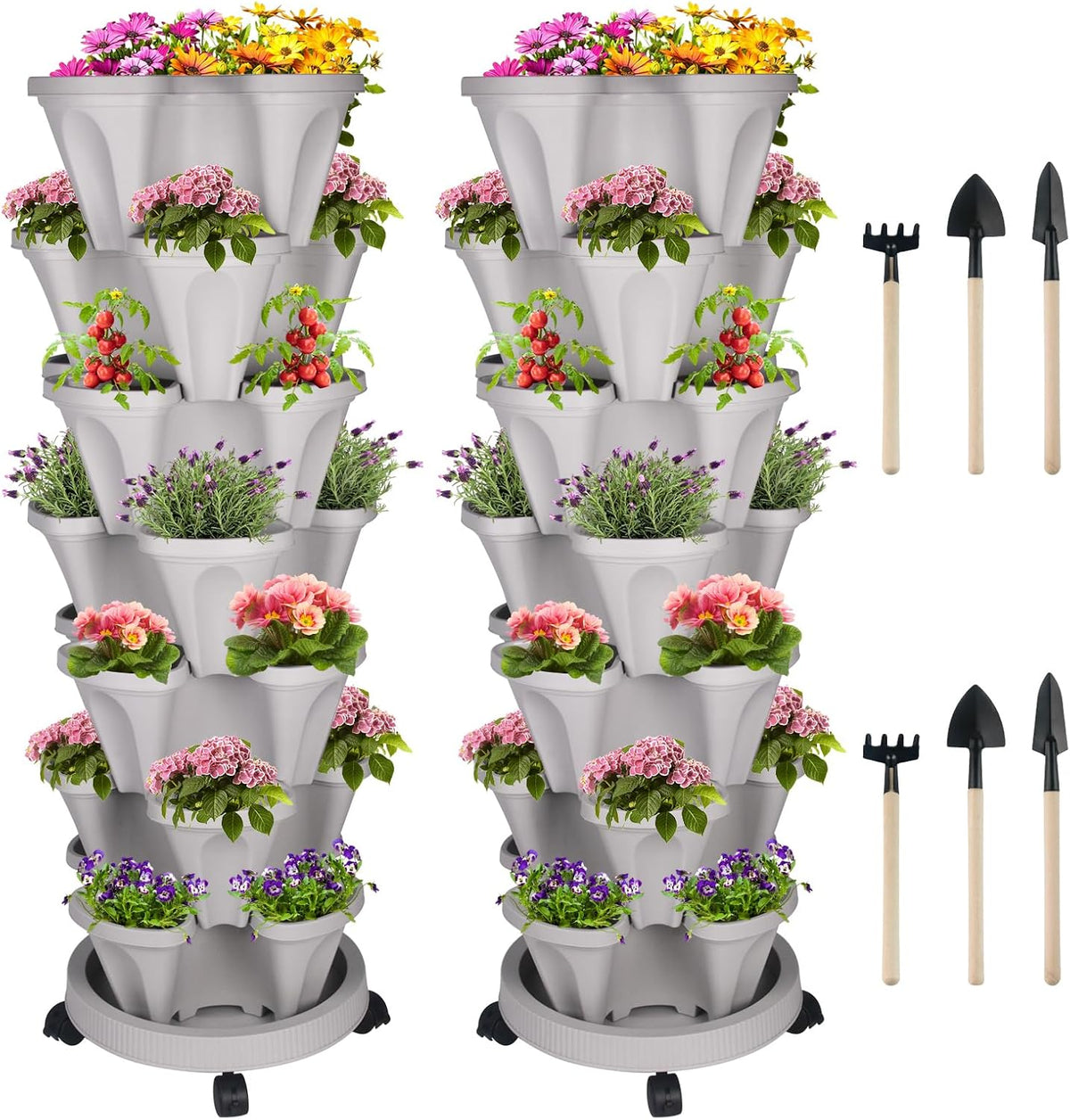 Vertical Planter 7 Tier Stackable Planters Garden Planters Strawberry Herb Flower and Vegetable Planter Indoor Outdoor Gardening Pots with Removable Wheels and Tools 2-Pack