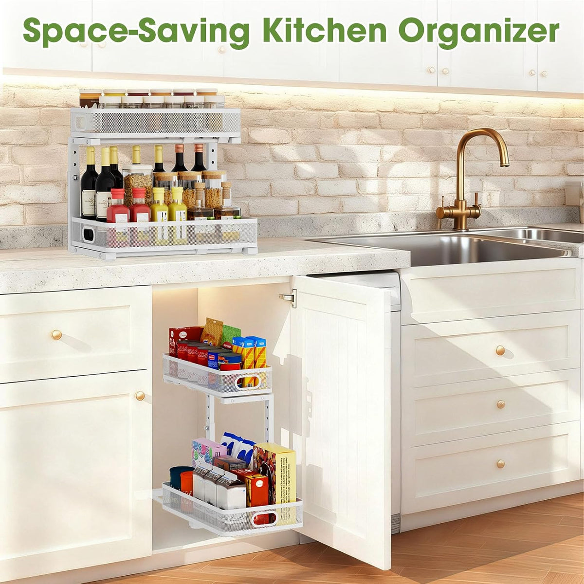 Under Sink Organizer 2-Pack, Metal 2-Tier Pull-Out Cabinet Shelf with Slide-Out Mesh Drawers, Height Adjustable, Space-Saving Under Sink Storage Racks for Kitchen, Bathroom, Laundry Room, White - Field & Nook
