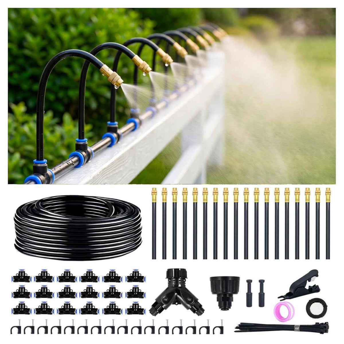 Thiswing 100FT 360° Adjustable Irrigation System for Garden – 1/4" Tubing with 18 Nozzles, Watering Misting System, Sprinkler for Garden, Raised Bed, Lawn, Plants