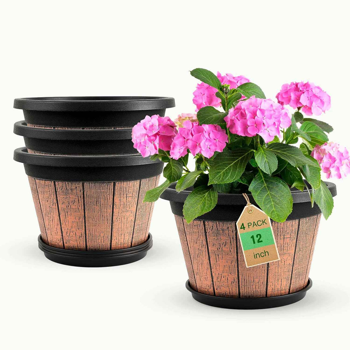 Quarut 4 Pack 12 inch Plant Pots,Whiskey Barrel Planters with Drainage Holes & Saucer,Plastic Decoration Flower Pots Retro Design,Planters for Outdoor Indoor Garden Home Plants (Brown)