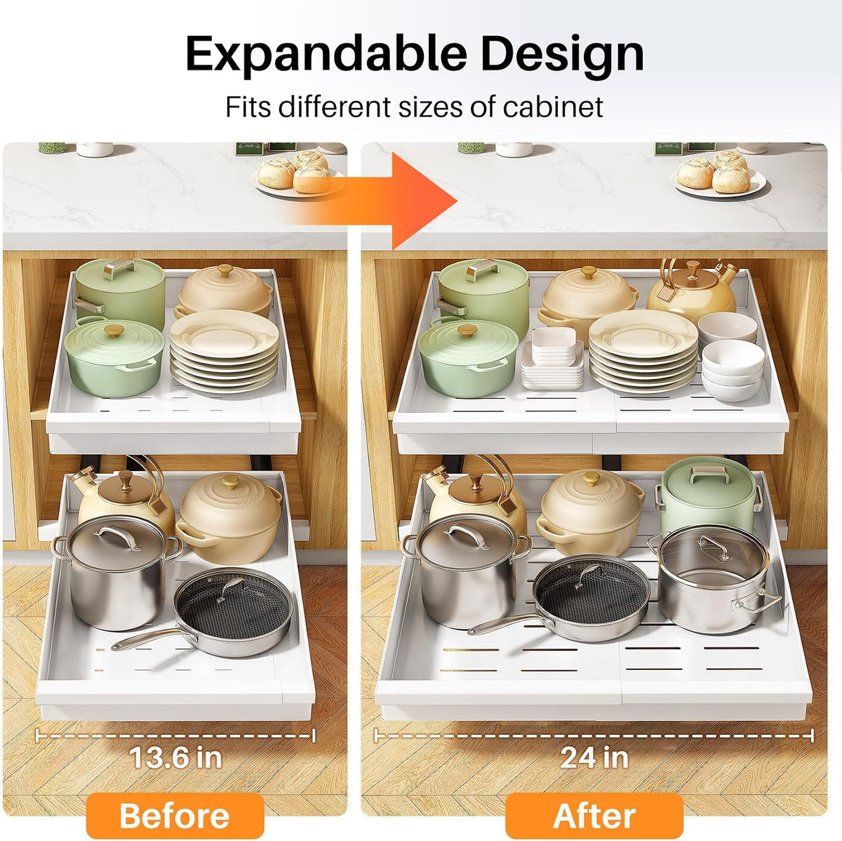Pull out Cabinet Organizer, 1-Pack Expandable(13.6"-24") Silde out Drawers with Raising Pad for Framed Cabinets, Adjustable Full-Extension Adhesive Roll out Shelves for Kitchen Pantry Home Pot and Pan - Field & Nook