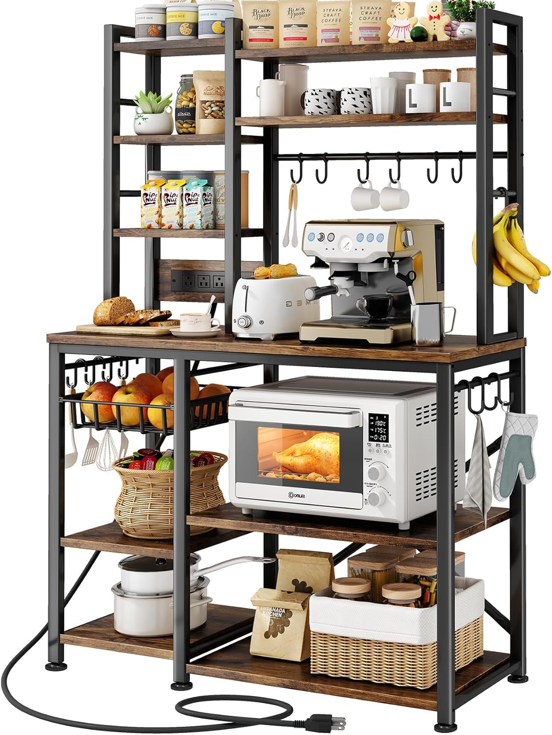 6-Tier Baker's Rack with Power Outlets | Rustic Brown, Metal & Wood, 72" Kitchen Shelf with Pull-Out Basket